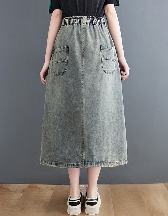 High Waist A-Line Floral Patchwork Denim Skirt