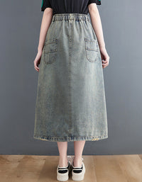 High Waist A-Line Floral Patchwork Denim Skirt