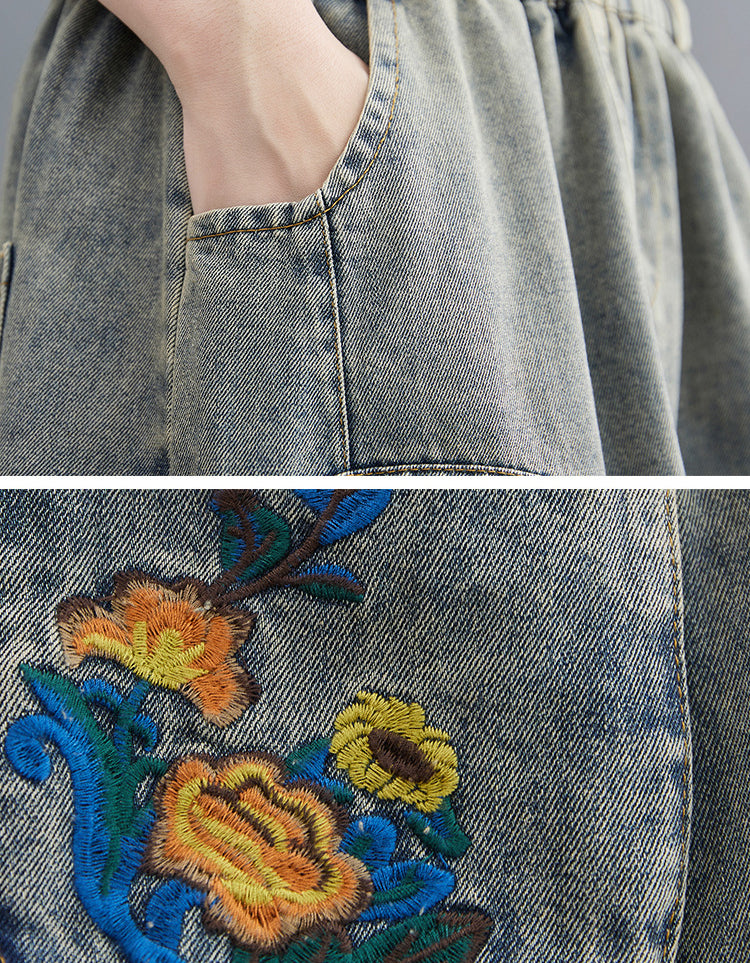High Waist A-Line Floral Patchwork Denim Skirt