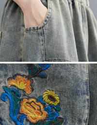 High Waist A-Line Floral Patchwork Denim Skirt