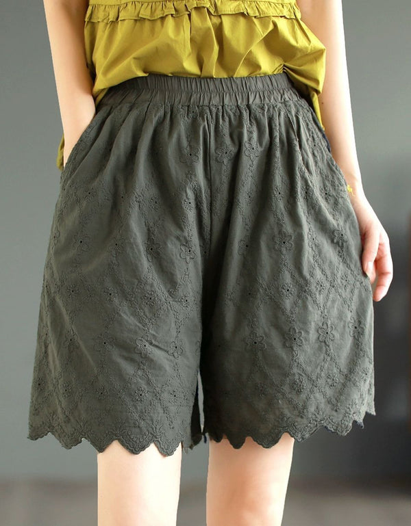 High Waist Floral Embroidered Linen Shorts