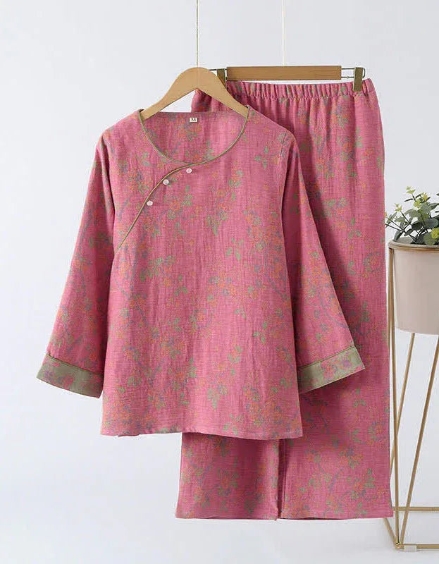 Jacquard Casual Loose Floral Pure Cotton Loungewear Set - Islinen