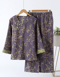 Jacquard Casual Loose Floral Pure Cotton Loungewear Set - Islinen