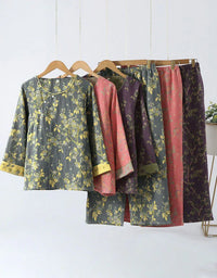 Jacquard Casual Loose Floral Pure Cotton Loungewear Set - Islinen