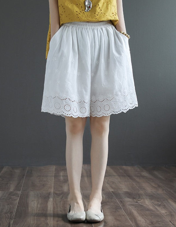 Lace Hem Embroidered Cotton Shorts