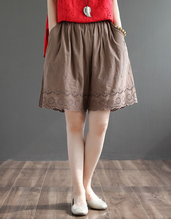 Lace Hem Embroidered Cotton Shorts