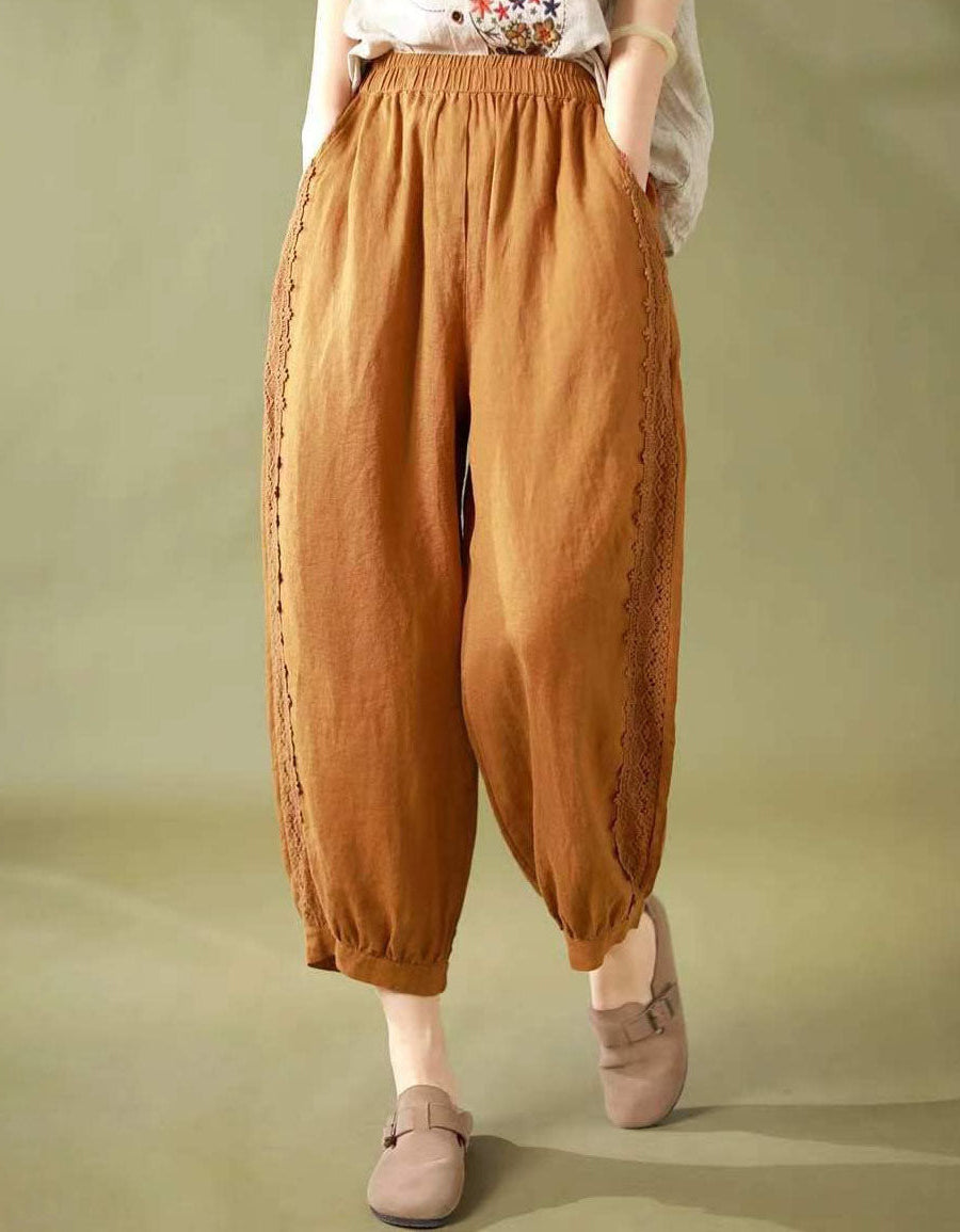 Lace Trim Loose Casual Linen Harem Pants for Women