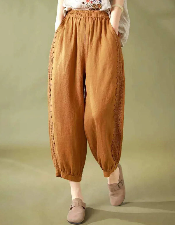 Lace Trim Loose Casual Linen Harem Pants for Women - Islinen