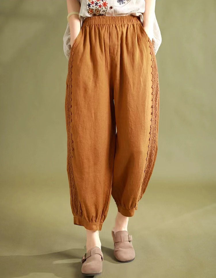 Lace Trim Loose Casual Linen Harem Pants for Women