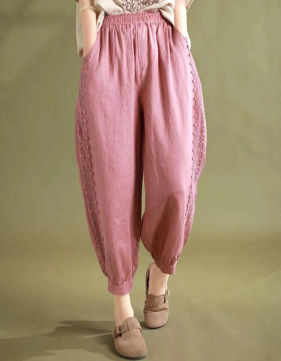 Lace Trim Loose Casual Linen Harem Pants for Women