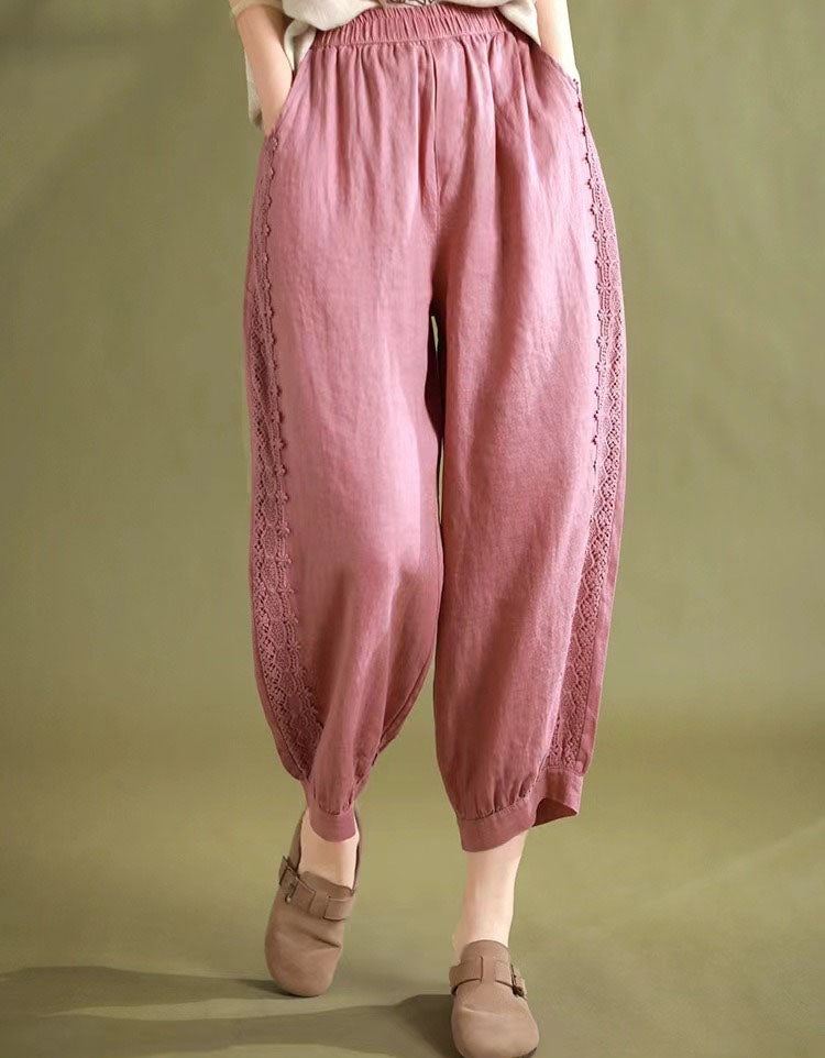 Lace Trim Loose Casual Linen Harem Pants for Women