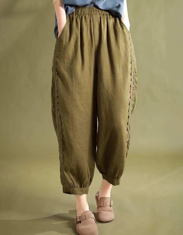 Lace Trim Loose Casual Linen Harem Pants for Women