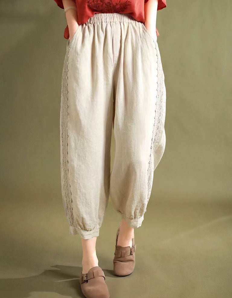 Lace Trim Loose Casual Linen Harem Pants for Women