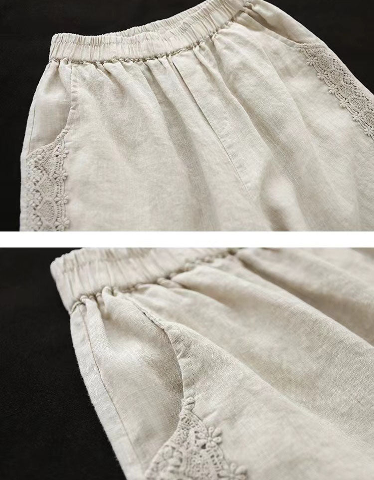 Lace Trim Loose Casual Linen Harem Pants for Women