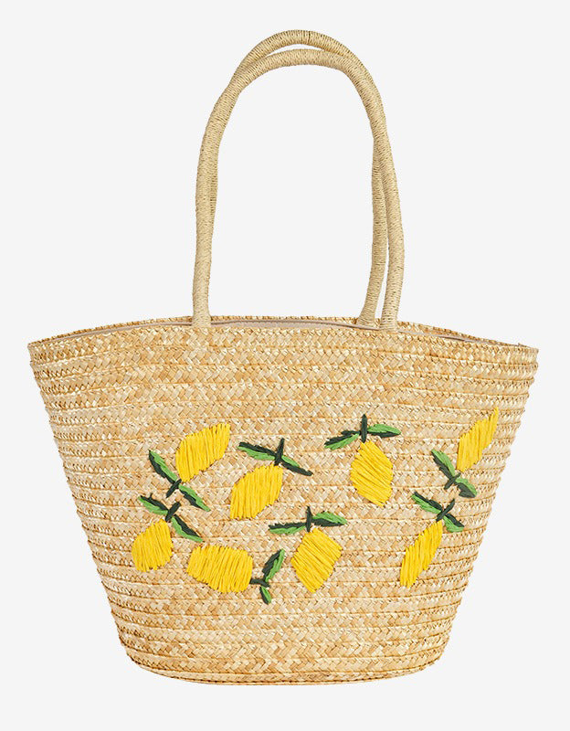 Lemon Embroidery Handwoven Straw Tote Bag