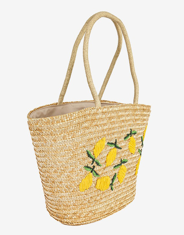 Lemon Embroidery Handwoven Straw Tote Bag