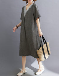 Lightweight Gingham Short Sleeve Cotton Linen Dress