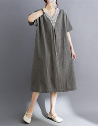 Lightweight Gingham Short Sleeve Cotton Linen Dress
