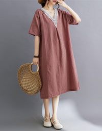 Lightweight Gingham Short Sleeve Cotton Linen Dress
