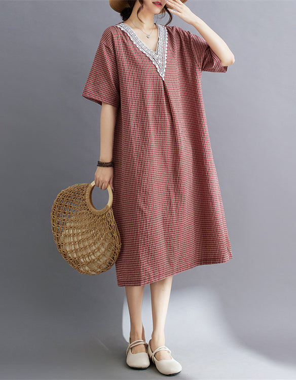 Lightweight Gingham Short Sleeve Cotton Linen Midi Dress