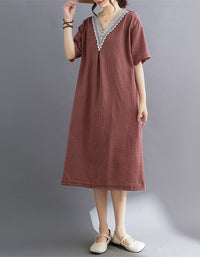 Lightweight Gingham Short Sleeve Cotton Linen Dress