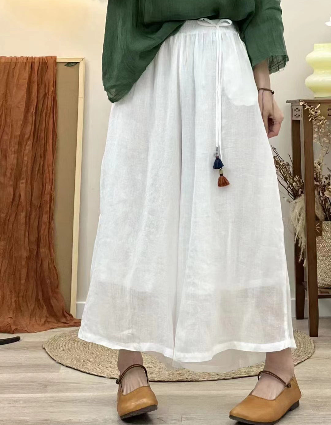 Lightweight Ramie Blend Casual Wide Leg Pants