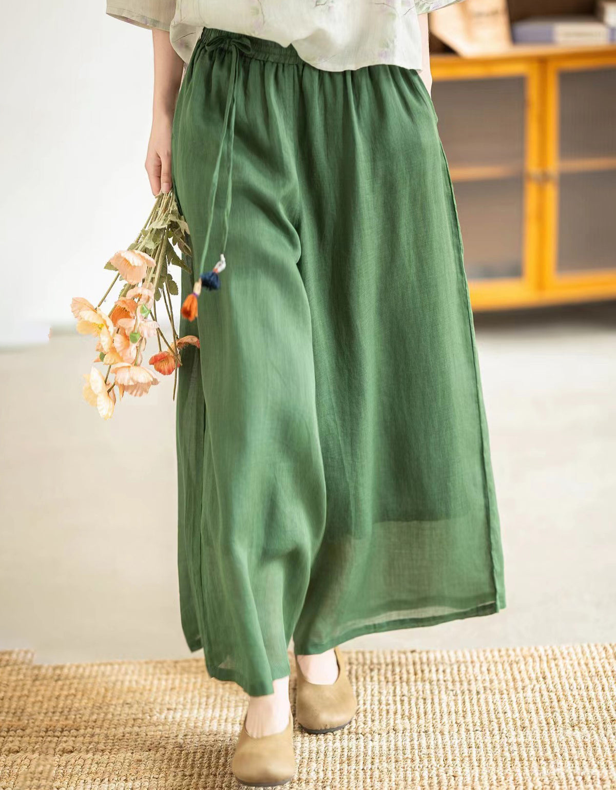 Lightweight Ramie Blend Casual Wide Leg Pants