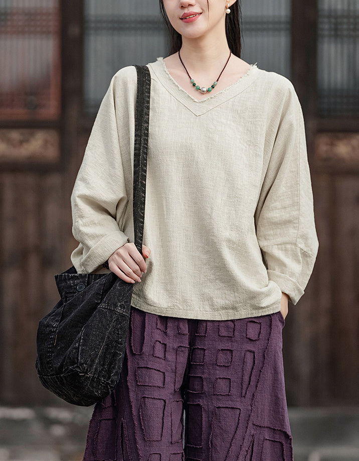 Long Sleeve V-Neck Oversized Ramie Linen Blouse