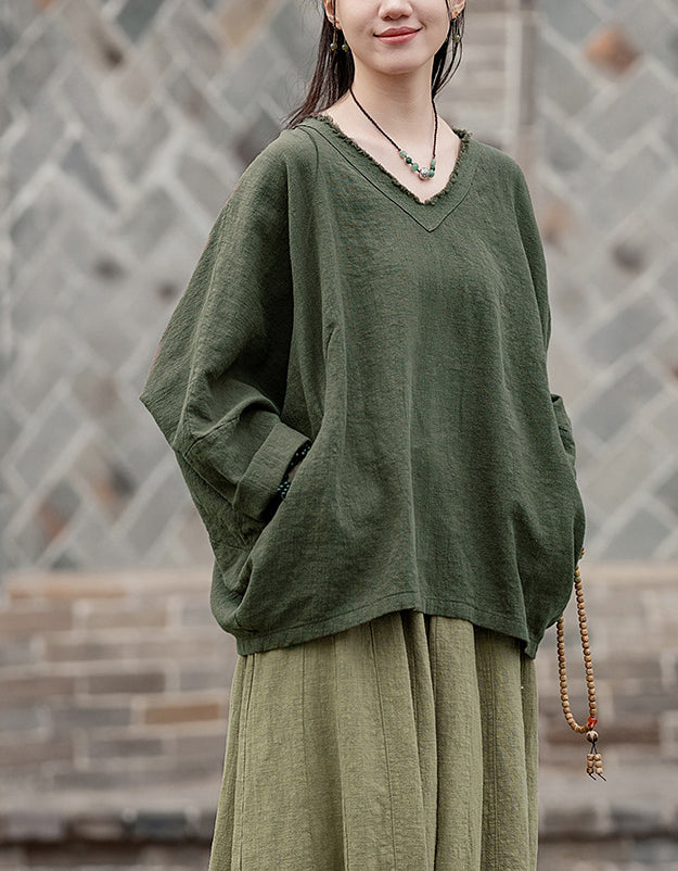 Long Sleeve V-Neck Oversized Ramie Linen Blouse