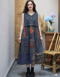 Vintage patchwork denim maxi dress boho style women