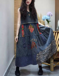 Bohemian patchwork denim dress long casual outfit