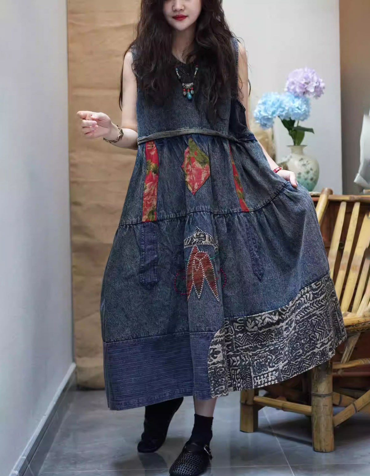 Artistic vintage denim maxi dress with mixed fabric panels