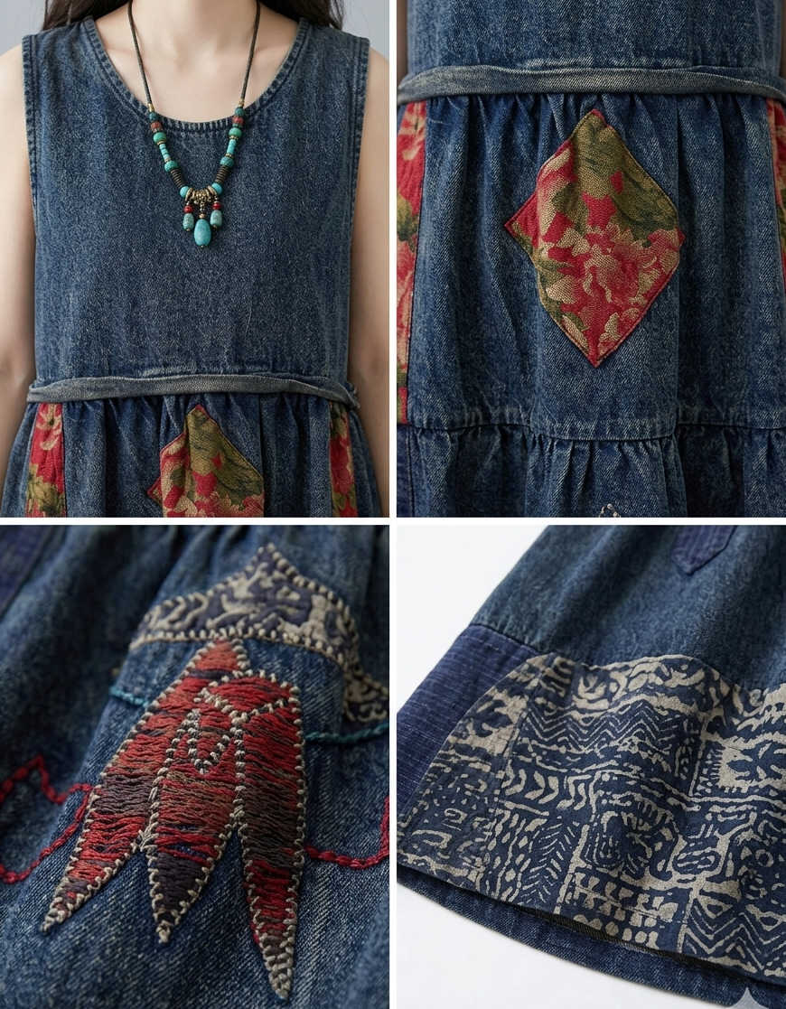 Unique patchwork dress with ethnic patterns and textures