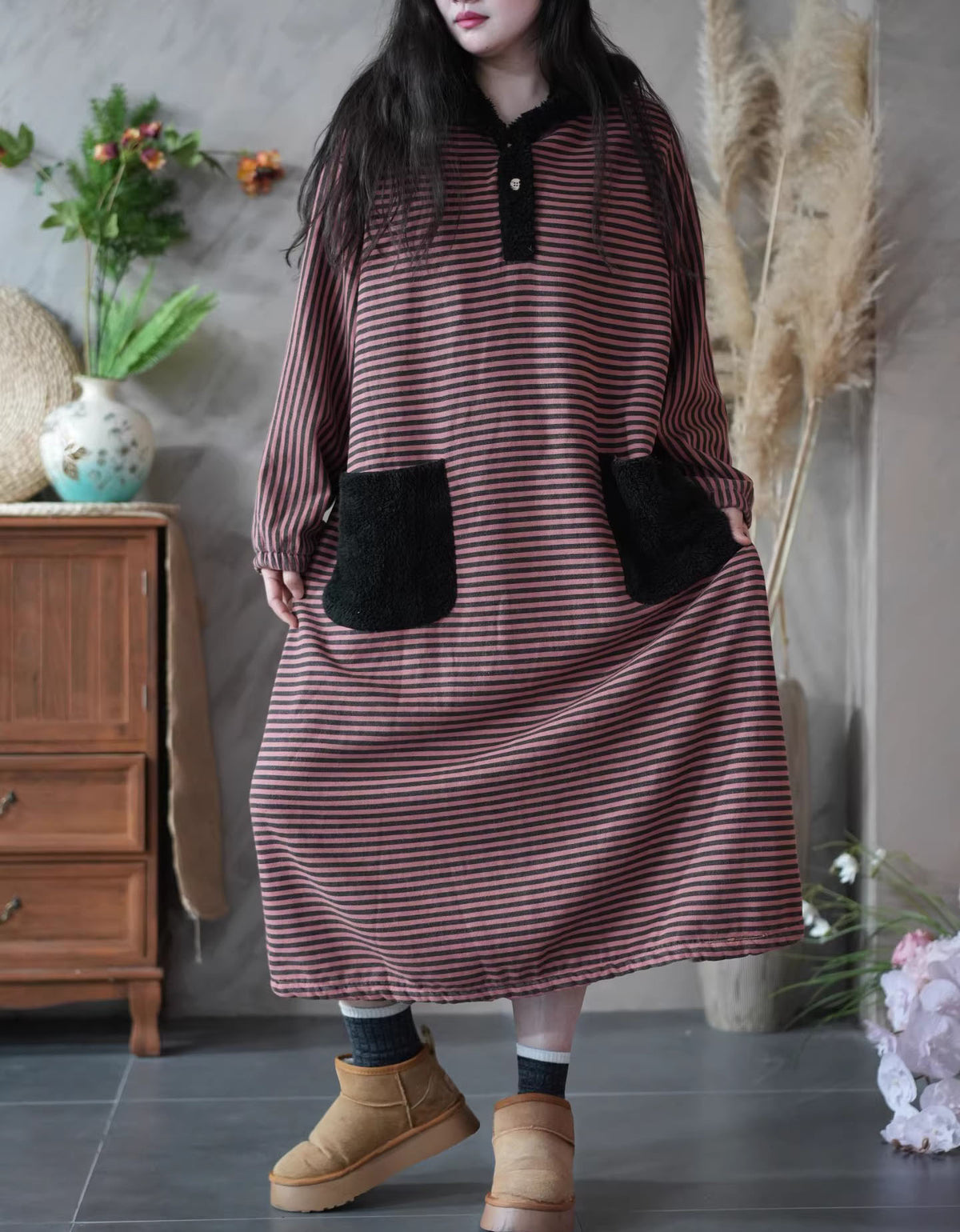 Loose Boho Striped Long Sleeve Hooded Dress for Women Coffee / One size