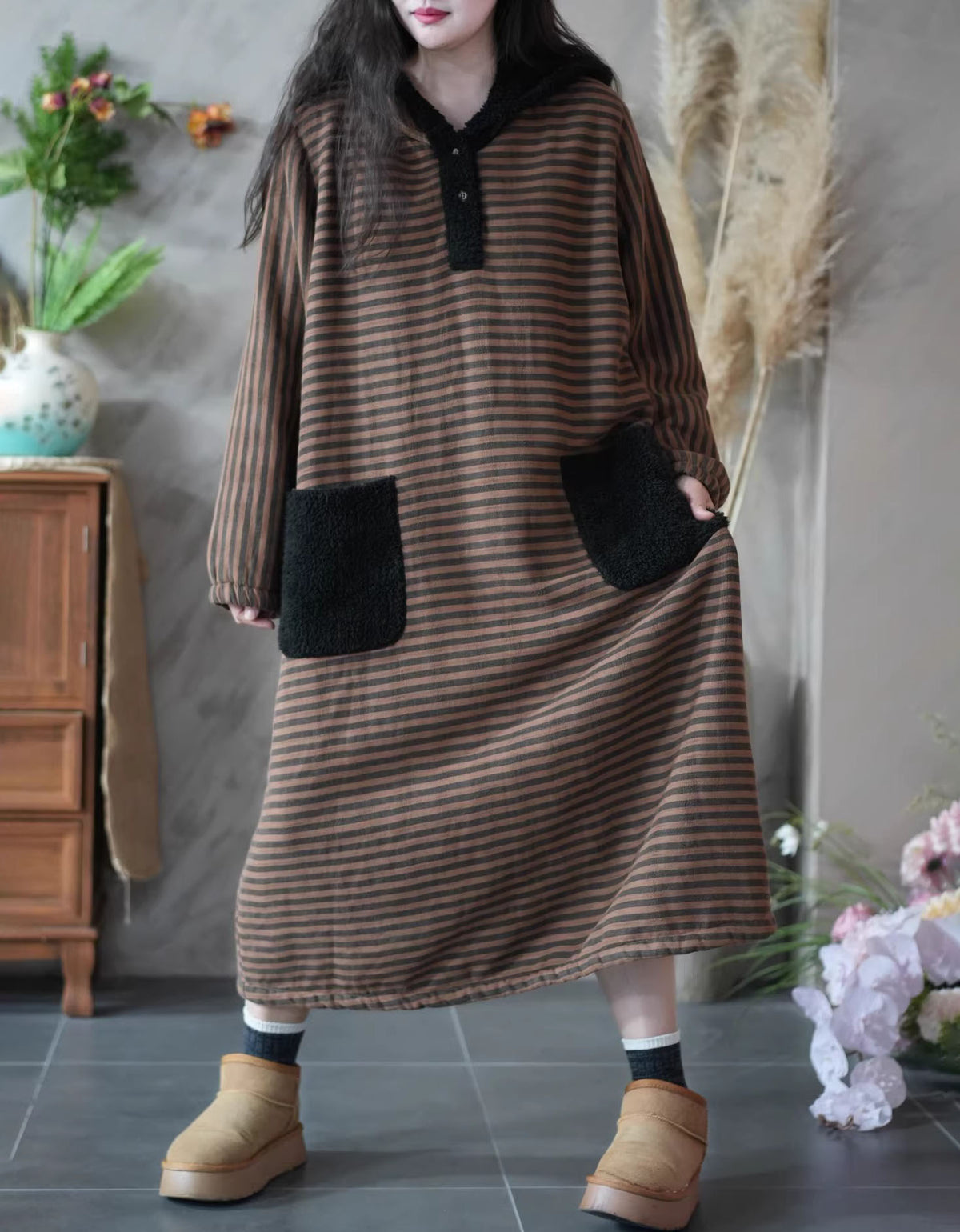 boho striped long sleeve midi dress outfit