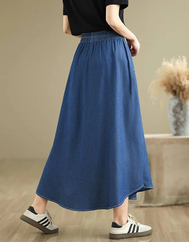 Loose Casual A-Line Pleated Denim Skirt - Islinen