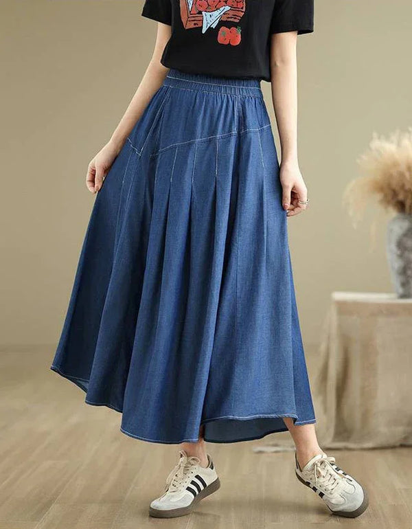 Loose Casual A-Line Pleated Denim Skirt - Islinen