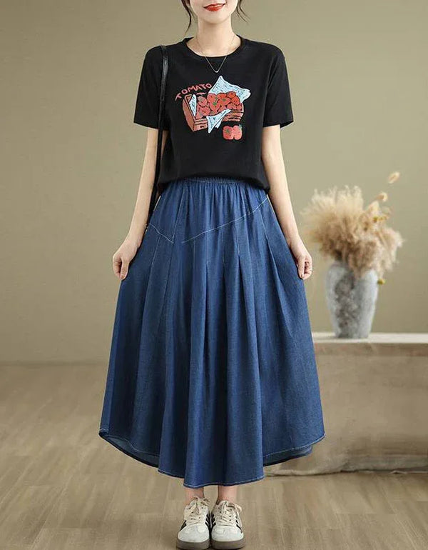 Loose Casual A-Line Pleated Denim Skirt - Islinen