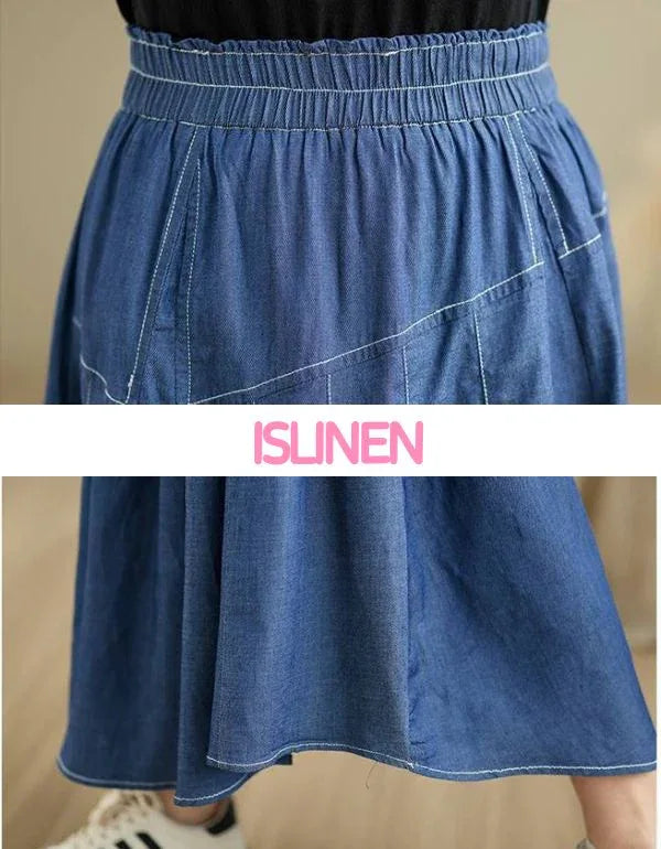 Loose Casual A-Line Pleated Denim Skirt - Islinen