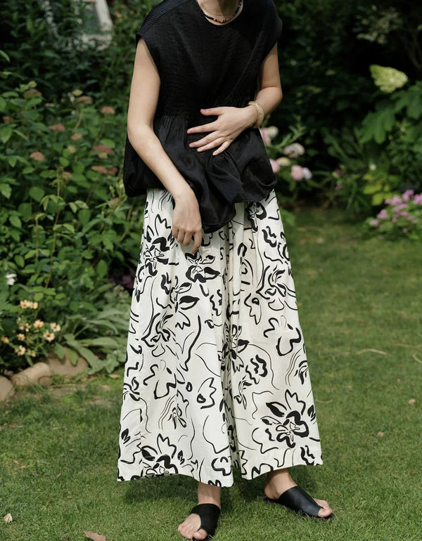 Loose Casual Abstract Print Comfortable Summer Trousers - Islinen