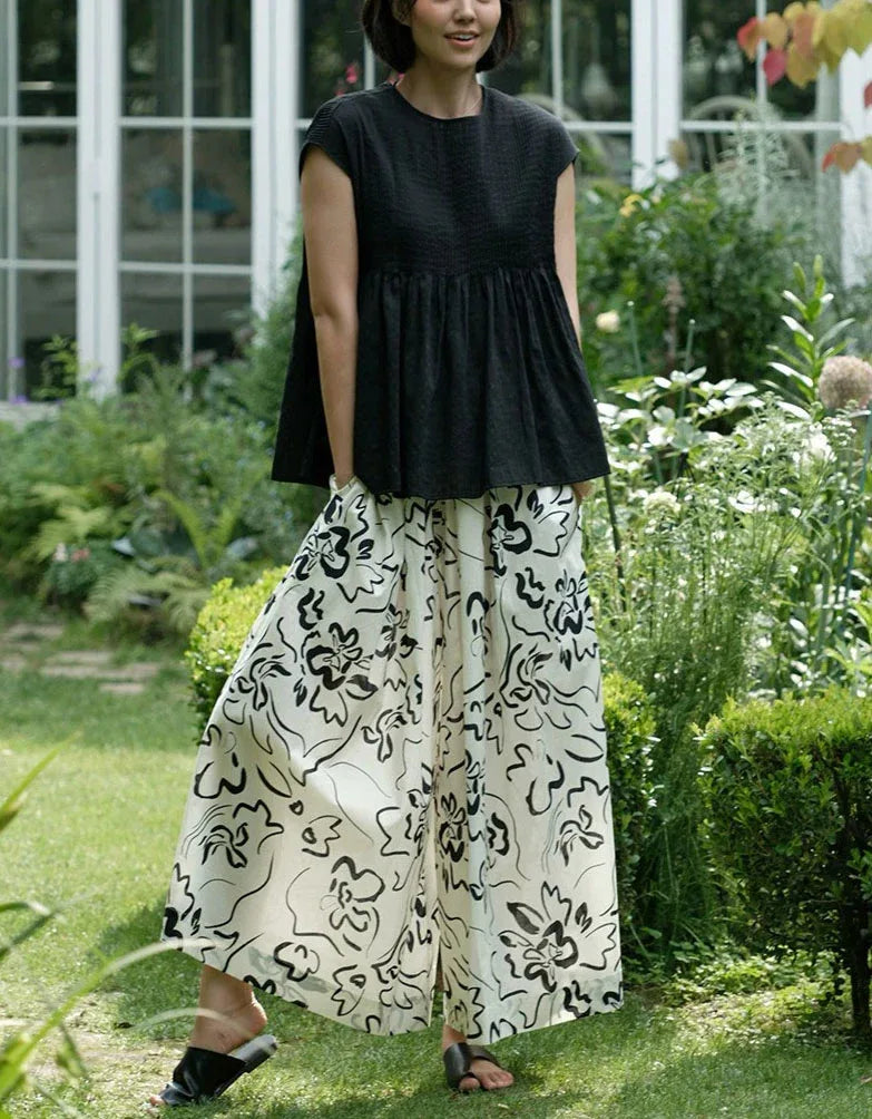 Loose Casual Abstract Print Comfortable Summer Trousers - Islinen