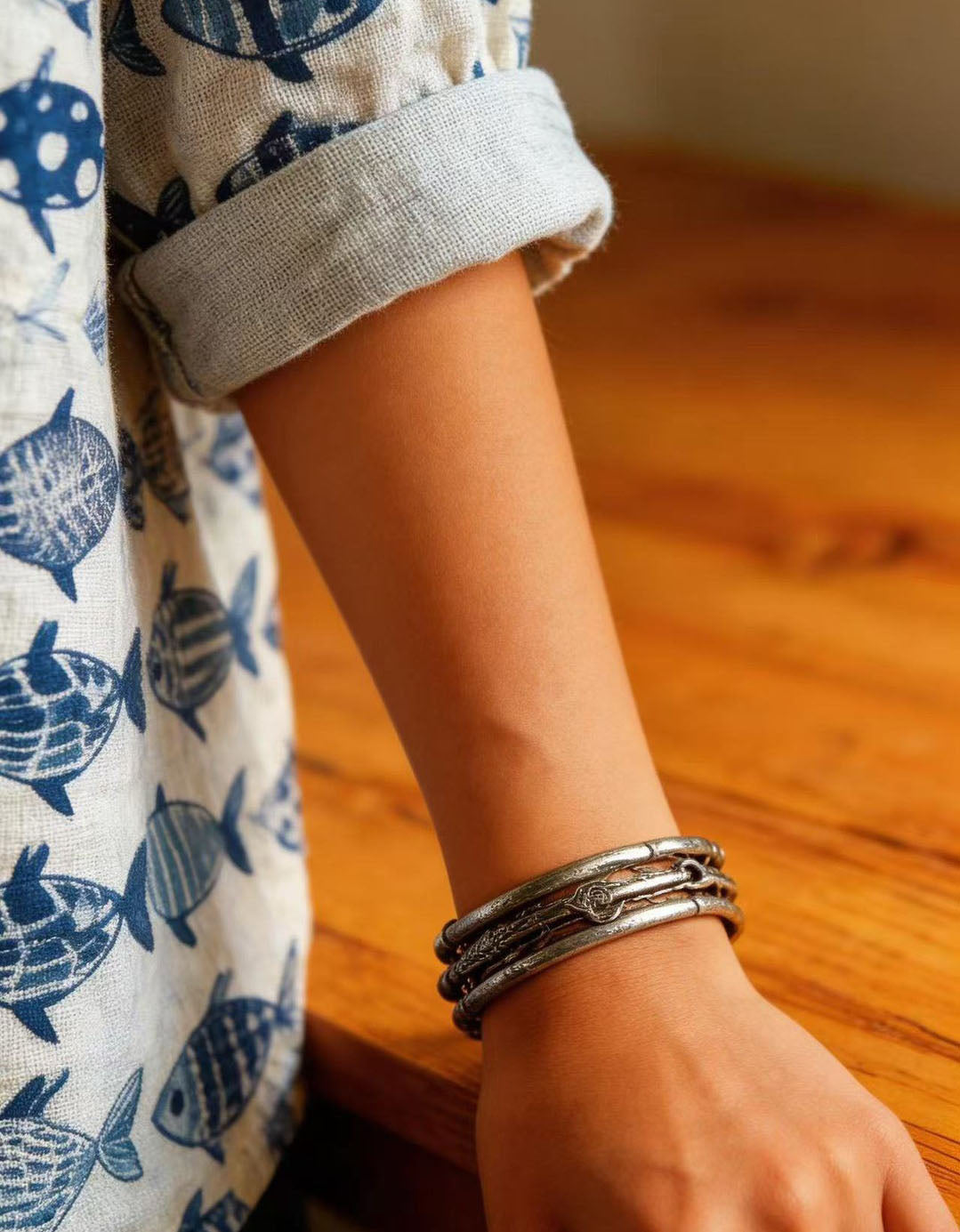 Close-Up of Relaxed Linen Fish Pattern Blouse – Boho Beach Shirt