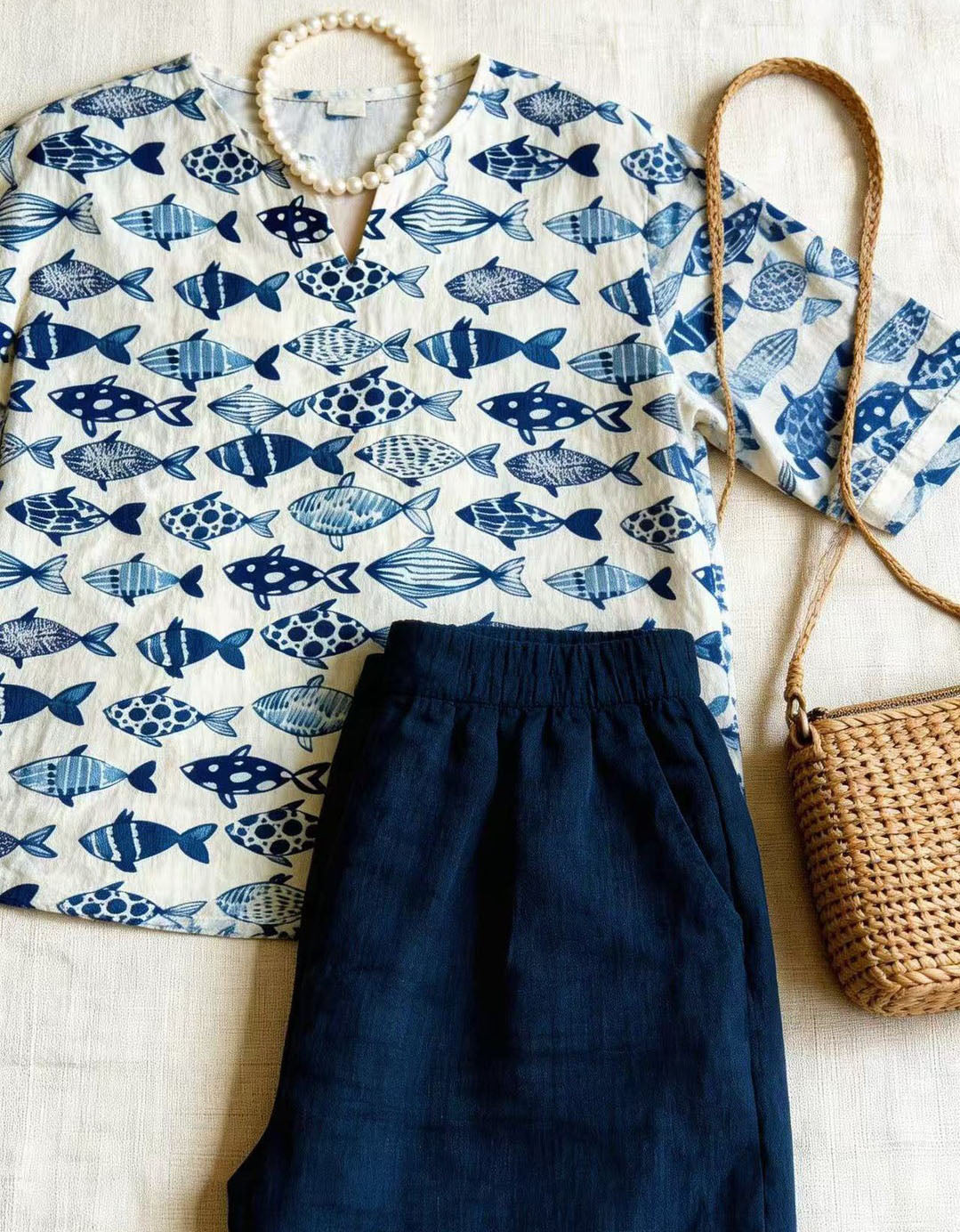 Blue Fish Linen Shirt – Oversized 3/4 Sleeve Top