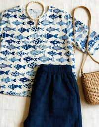 Blue Fish Linen Shirt – Oversized 3/4 Sleeve Top