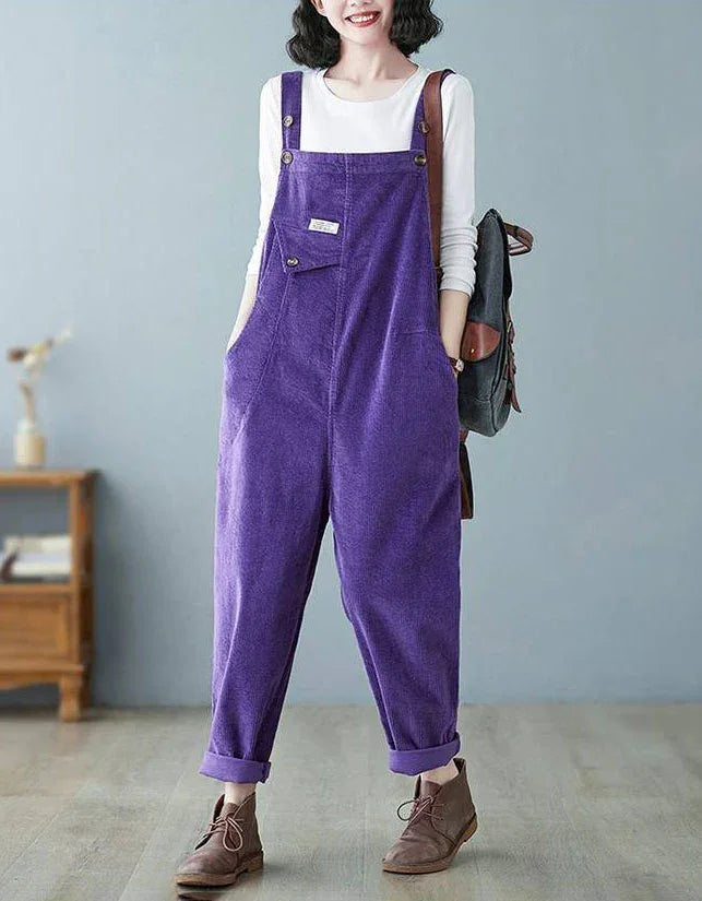 Loose Casual Button Strap Corduroy Jumpsuit - Islinen