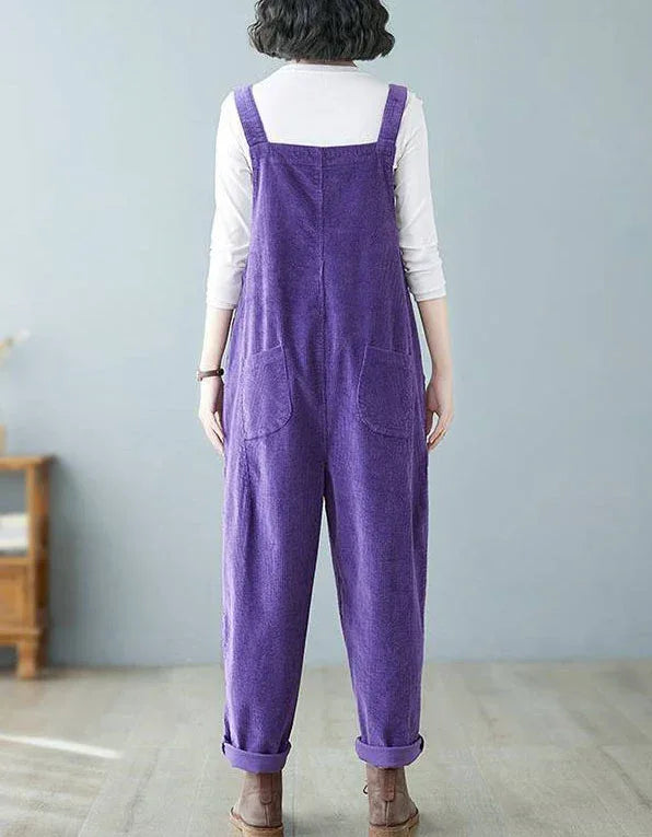 Loose Casual Button Strap Corduroy Jumpsuit - Islinen