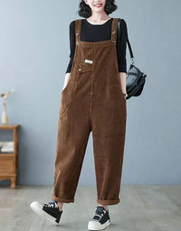 Loose Casual Button Strap Corduroy Jumpsuit - Islinen