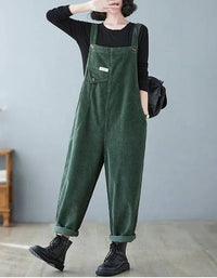 Loose Casual Button Strap Corduroy Jumpsuit - Islinen