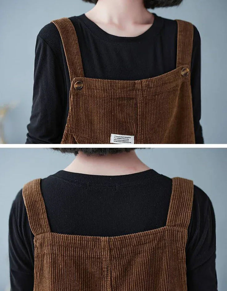 Loose Casual Button Strap Corduroy Jumpsuit - Islinen