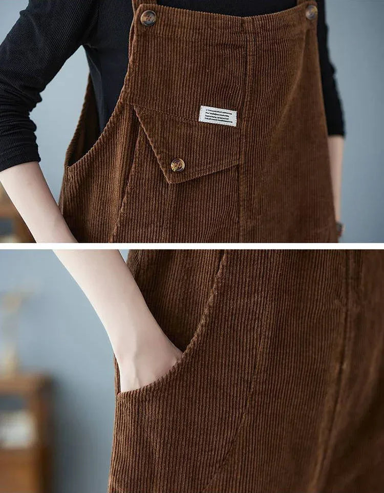 Loose Casual Button Strap Corduroy Jumpsuit - Islinen